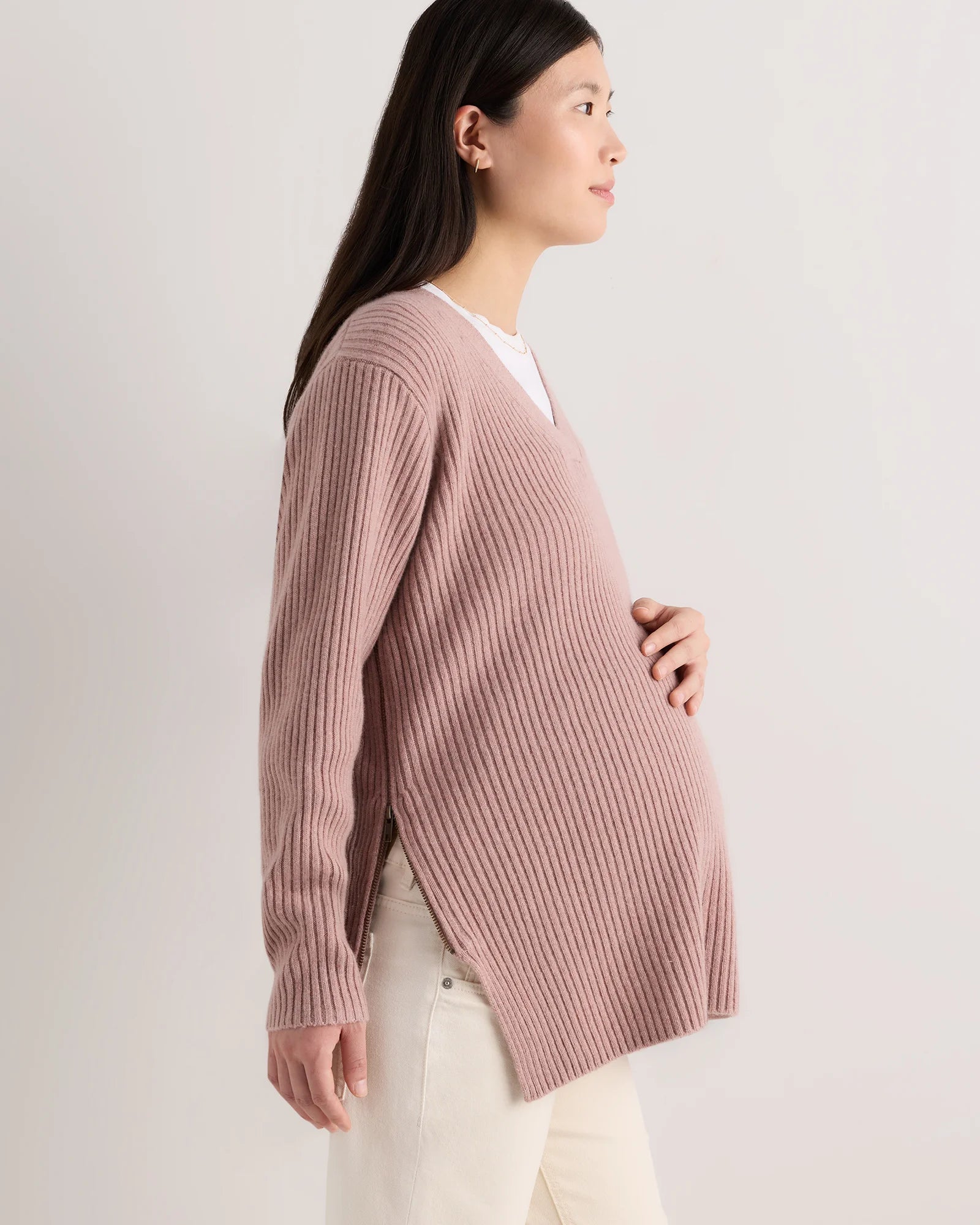 Mongolian Cashmere Ribbed Side Zip Maternity Sweater - XS / Heather Vintage Pink Secondary image