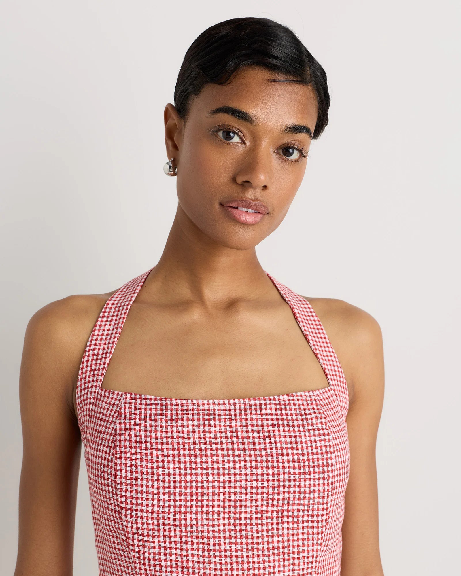100% European Linen Halter Top - XS / Red Classic Mini Gingham Secondary image