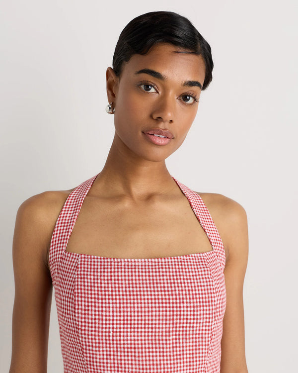 100% European Linen Halter Top - XS / Red Classic Mini Gingham