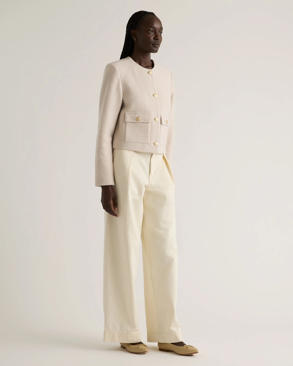 100% Merino Wool Collarless Cropped Jacket - XS / Heather Bone