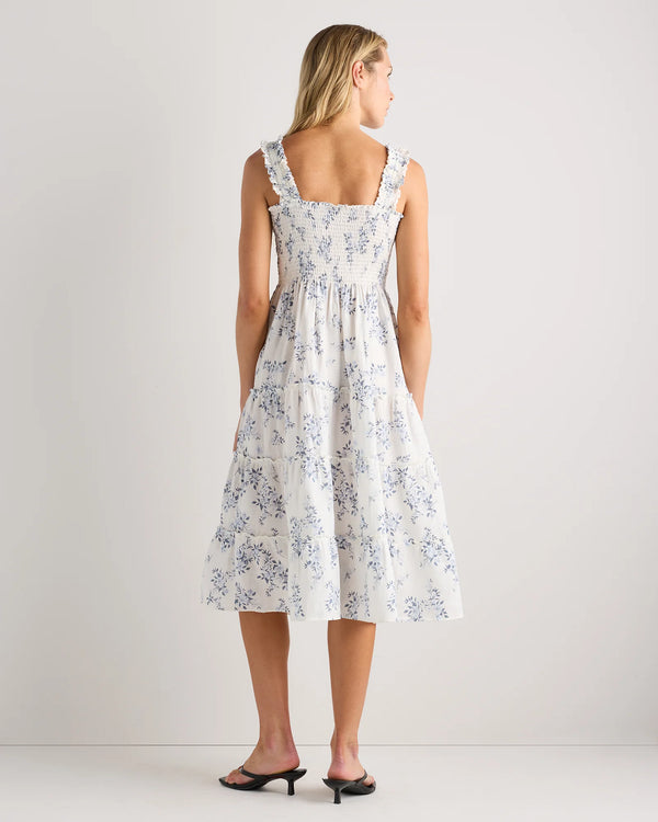 100% European Linen Smocked Midi Dress - XS / Ivory Porcelain Blue Petite Floral