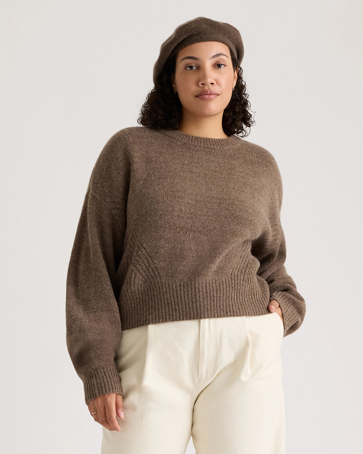 100% Yak Wool Pointelle Detail Relaxed Crew - XS / Heather Brown Main image