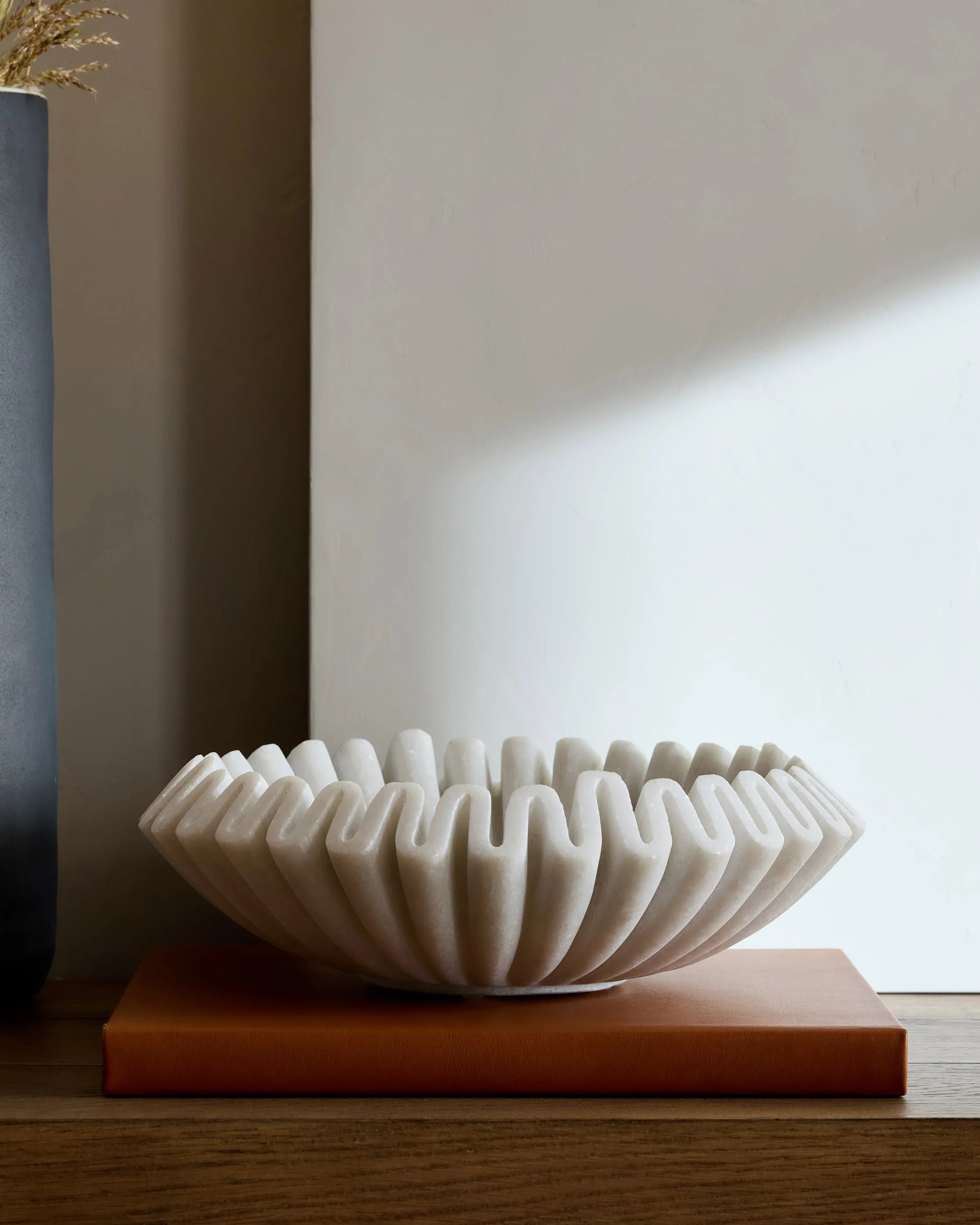 Handcrafted Fluted Marble Decorative Bowl - Large / White Secondary image