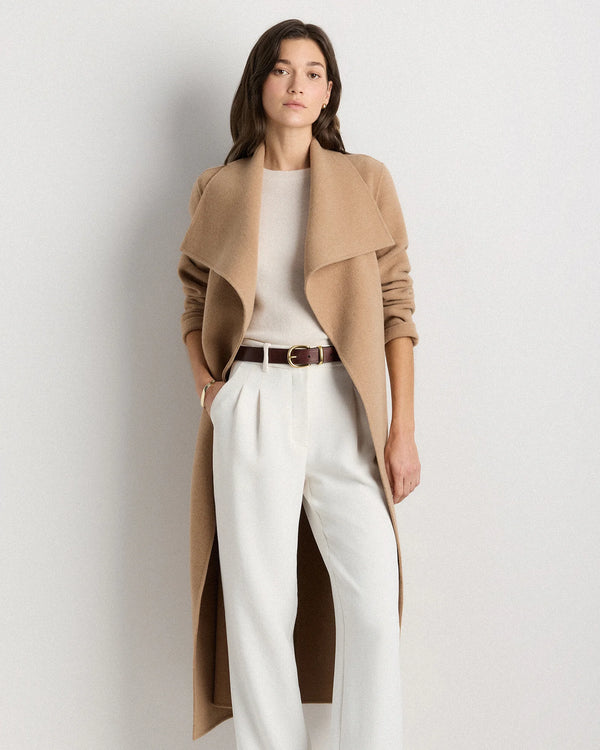 Double-Faced Merino Wool Draped Collar Wrap Coat - XS / Oat