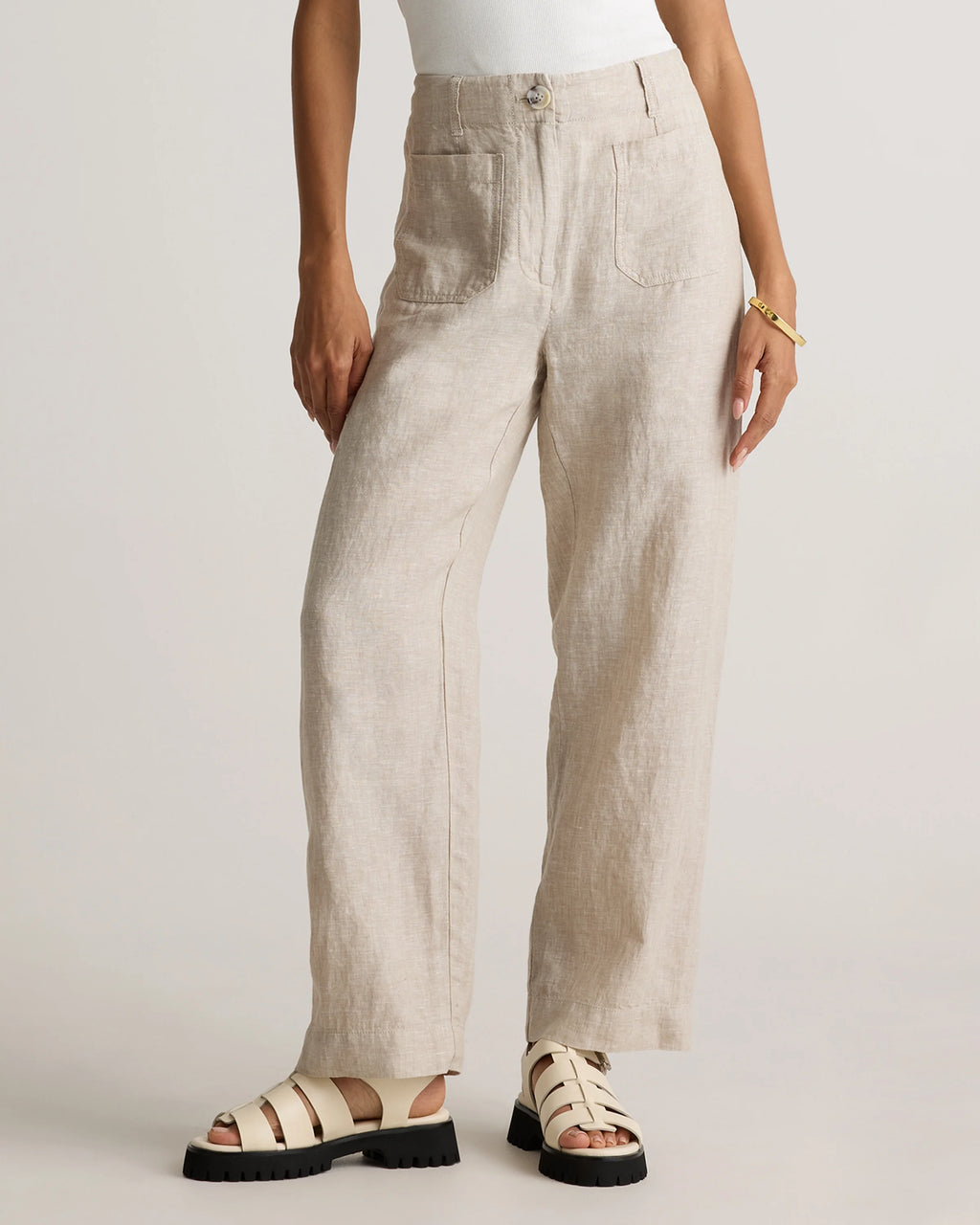 100% European Linen Patch Pocket Wide Leg Pants - 0 / Taupe Brown Chambray