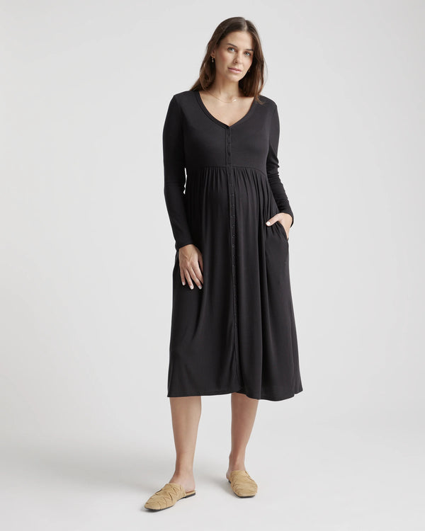Tencel Rib Maternity & Nursing Button Front Dress - XS / Black