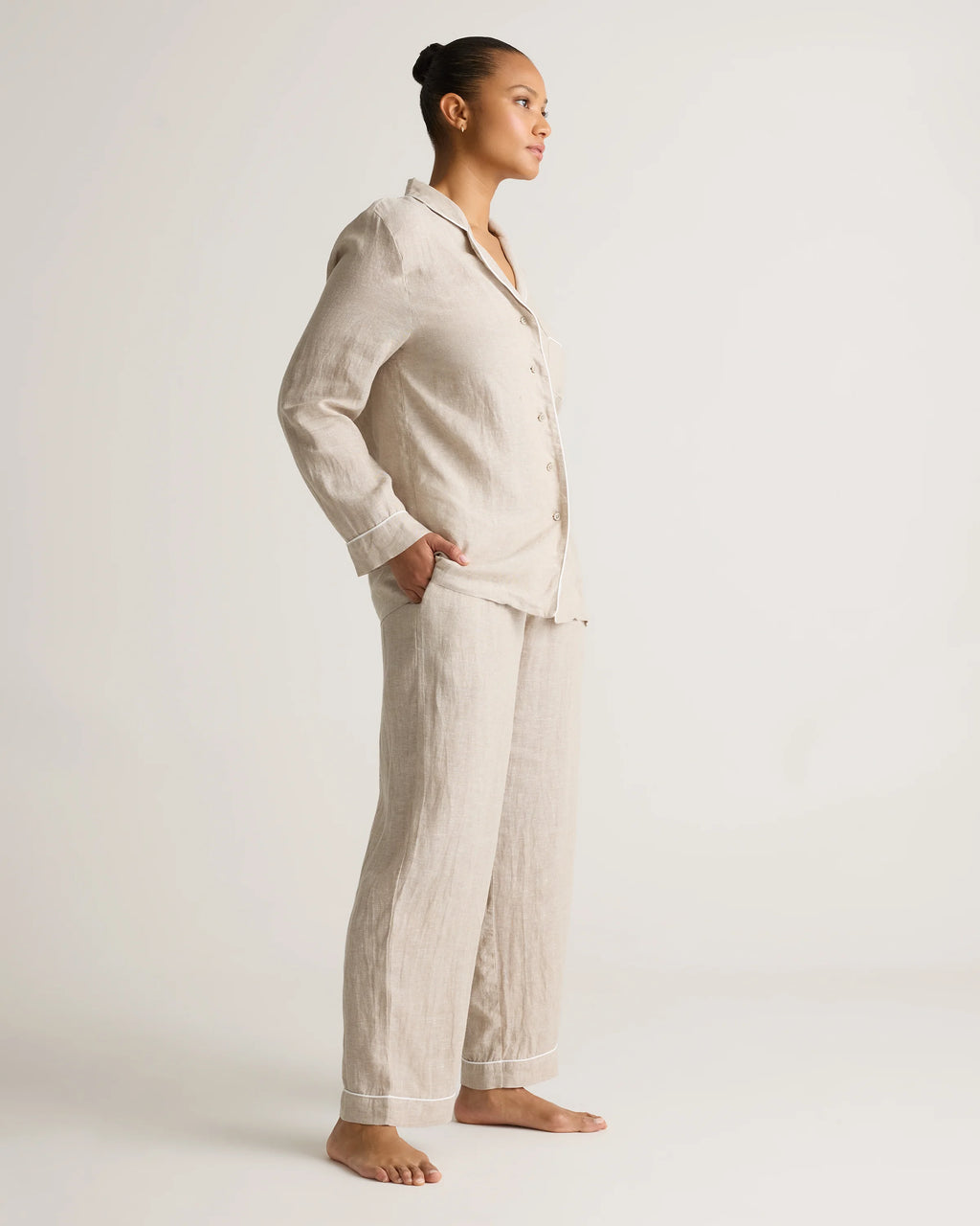 100% European Linen Long Sleeve Pajama Set with Piping - XS / Taupe Brown Gingham