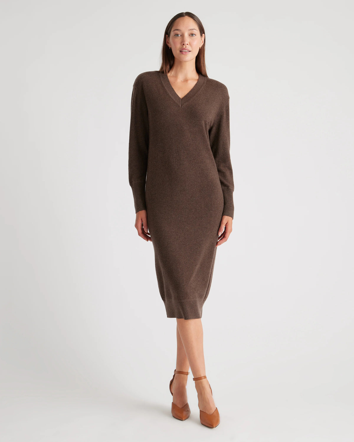 Mongolian Cashmere V-Neck Midi Sweater Dress - XS / Brown Main image
