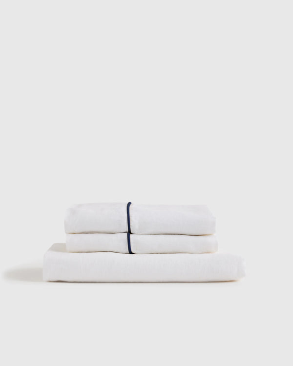 European Linen Piped Fitted Sheet Set - Twin / Mist/White