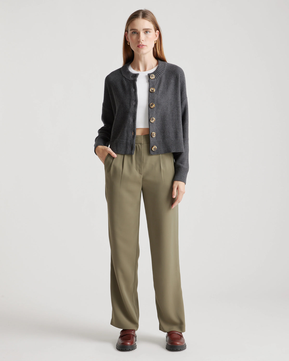 100% Organic Cotton Cropped Cardigan - XS / Heather Brown