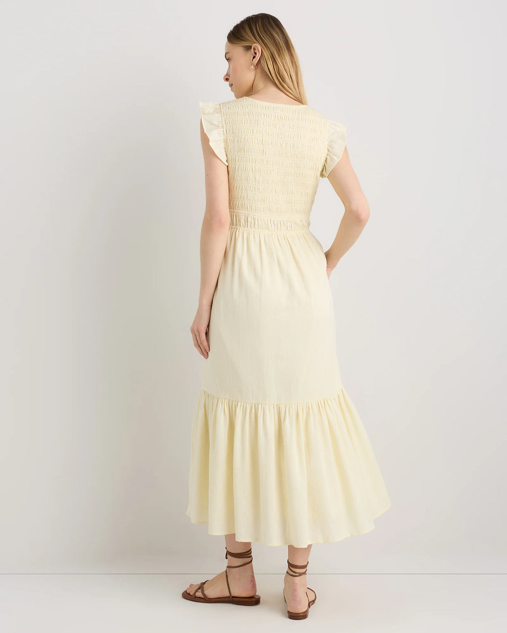 Organic Textured Cotton Smocked V-Neck Midi Dress - XS / Pale Custard Yellow