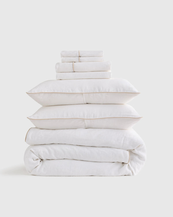 European Linen Piped Deluxe Bedding Bundle - Twin / White/Cherry