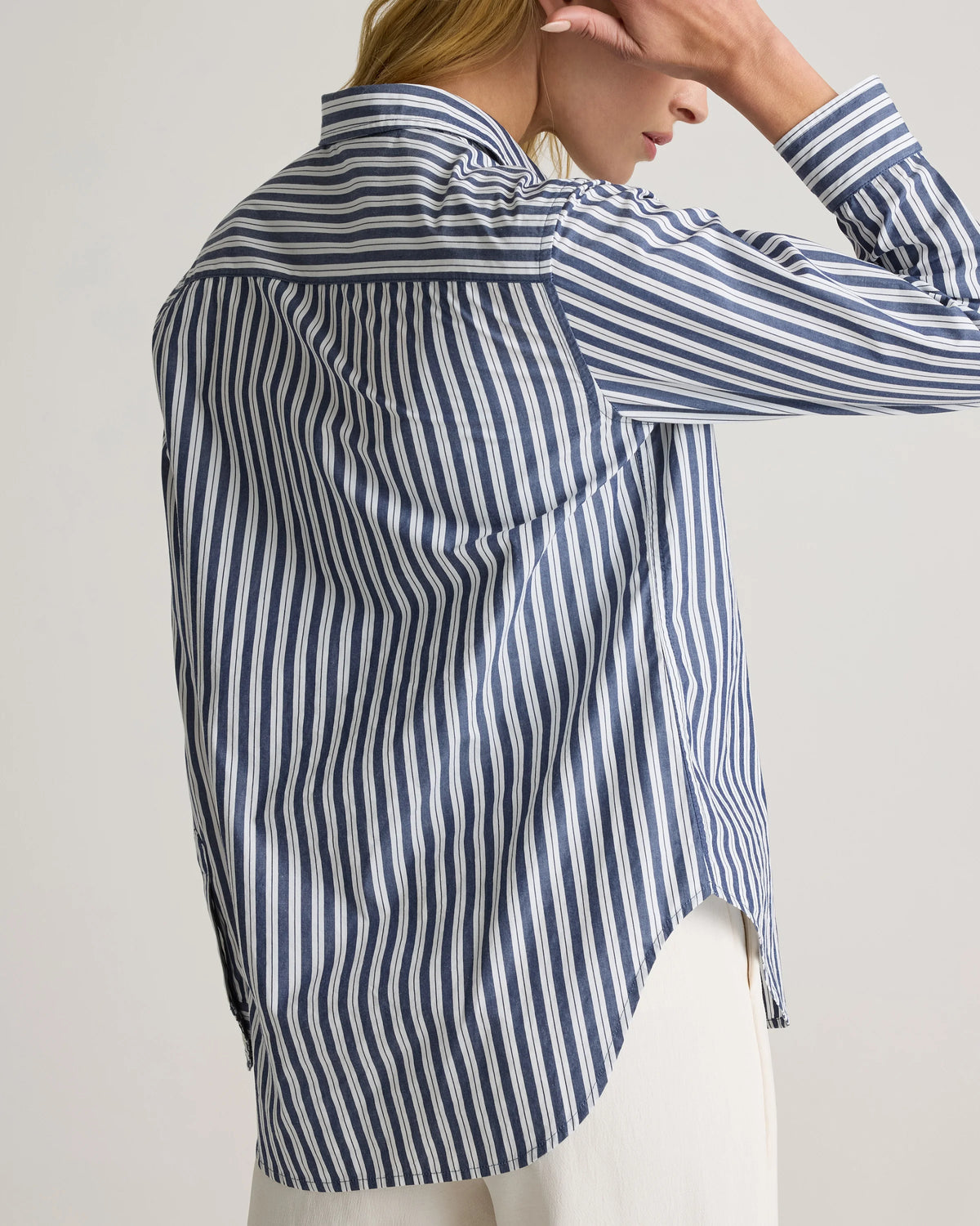 100% Organic Cotton Poplin Long Sleeve Shirt - XS / Delta Blue Double Stripe