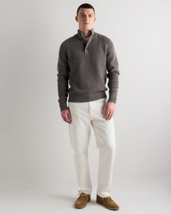 Mongolian Cashmere Waffle Quarter Button Sweater - S / Elk Brown