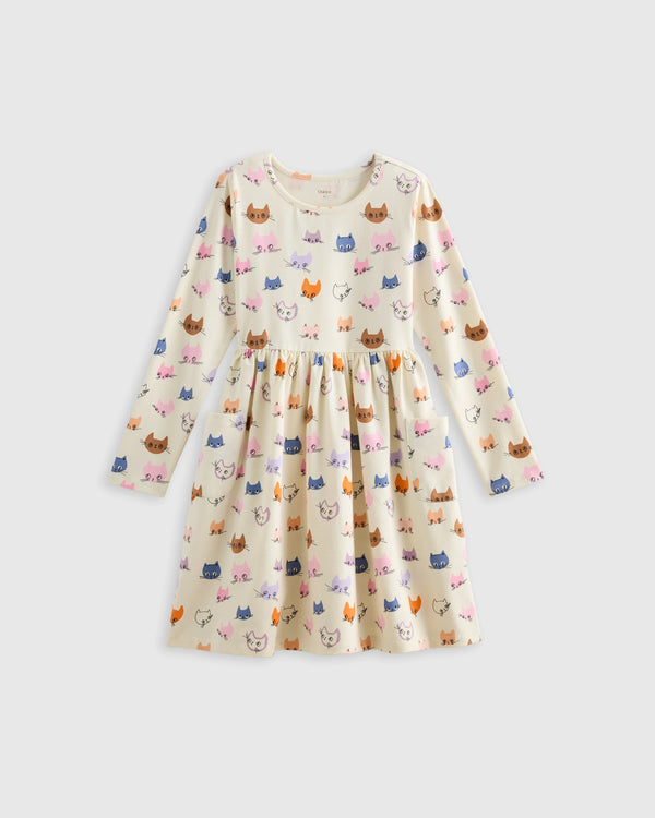 Organic Cotton Long Sleeve Fit and Flare Pocket Dress - 2T / Purple Poppy Garden