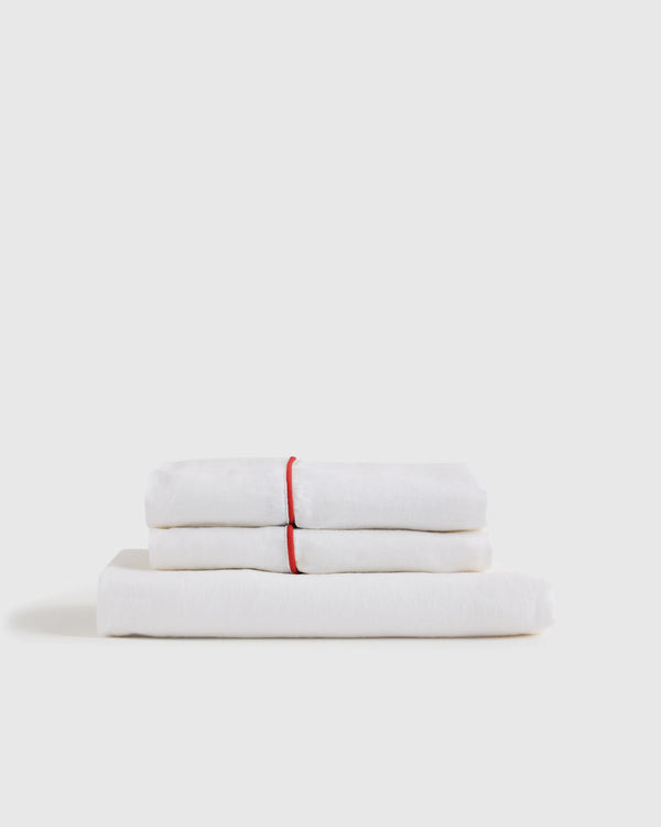 European Linen Piped Fitted Sheet Set - Twin / Mist/White