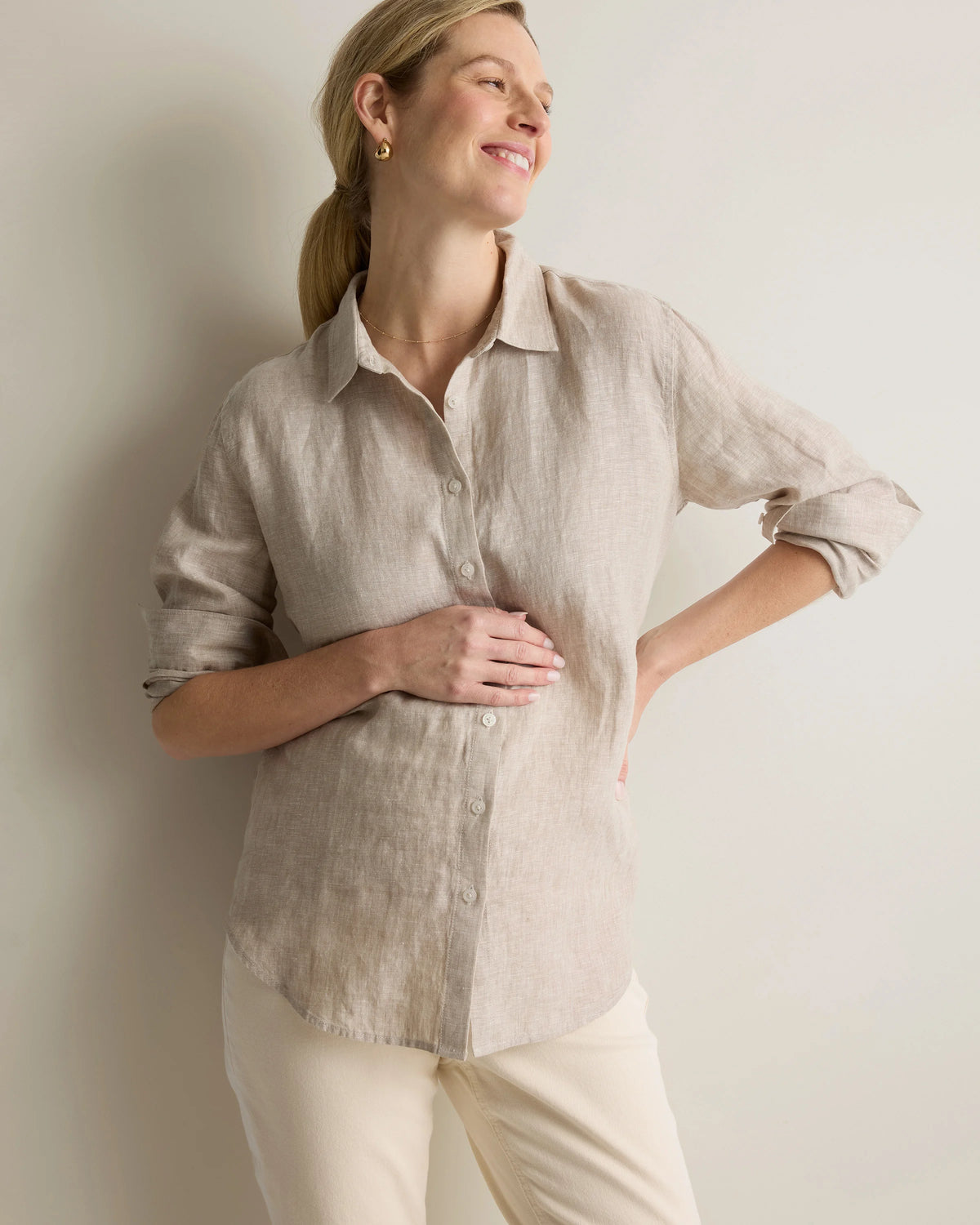 100% European Linen Maternity Long Sleeve Shirt - XS / Blue Pinstripe