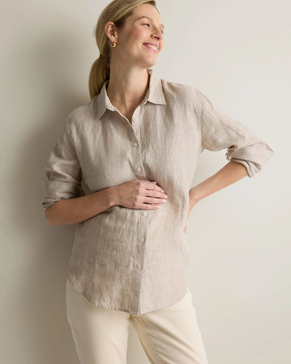 100% European Linen Maternity Long Sleeve Shirt - XS / Blue Pinstripe