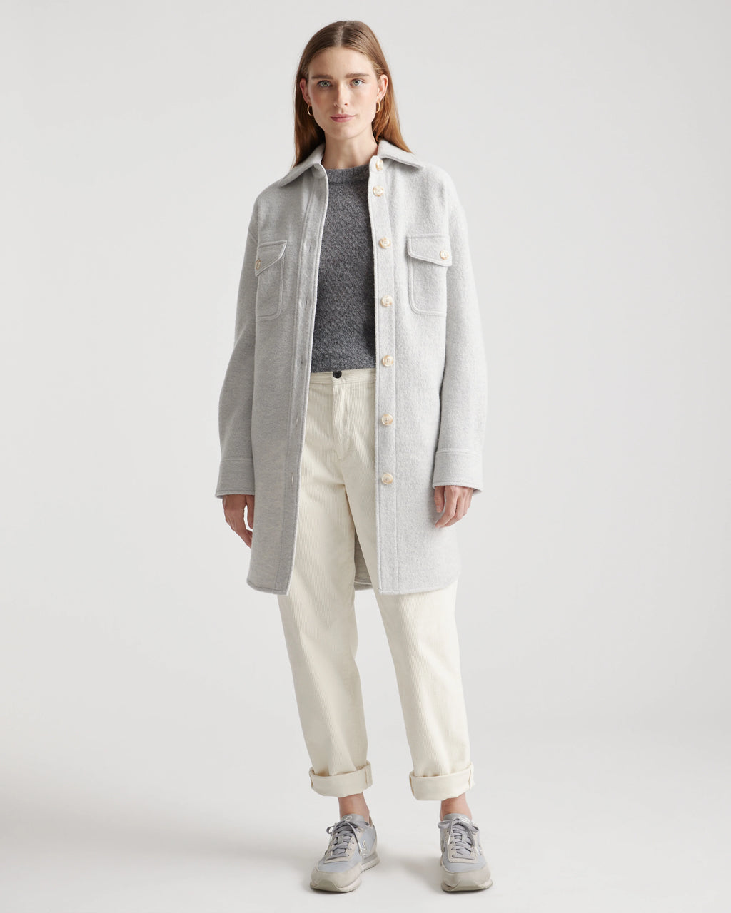 100% Merino Wool Long Shirt Jacket - XS / Heather Bone