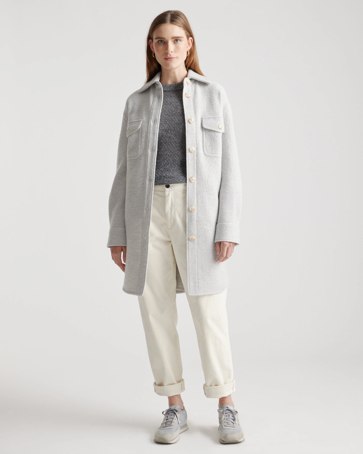 100% Merino Wool Long Shirt Jacket - XS / Heather Bone