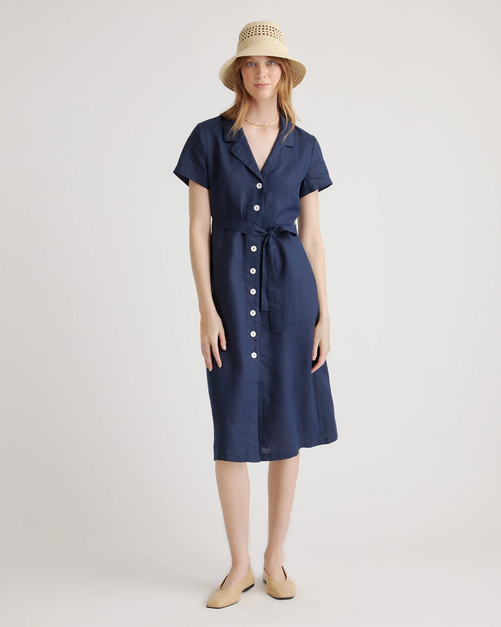100% European Linen Button Front Dress - XS / Sky Blue Mariner Stripe