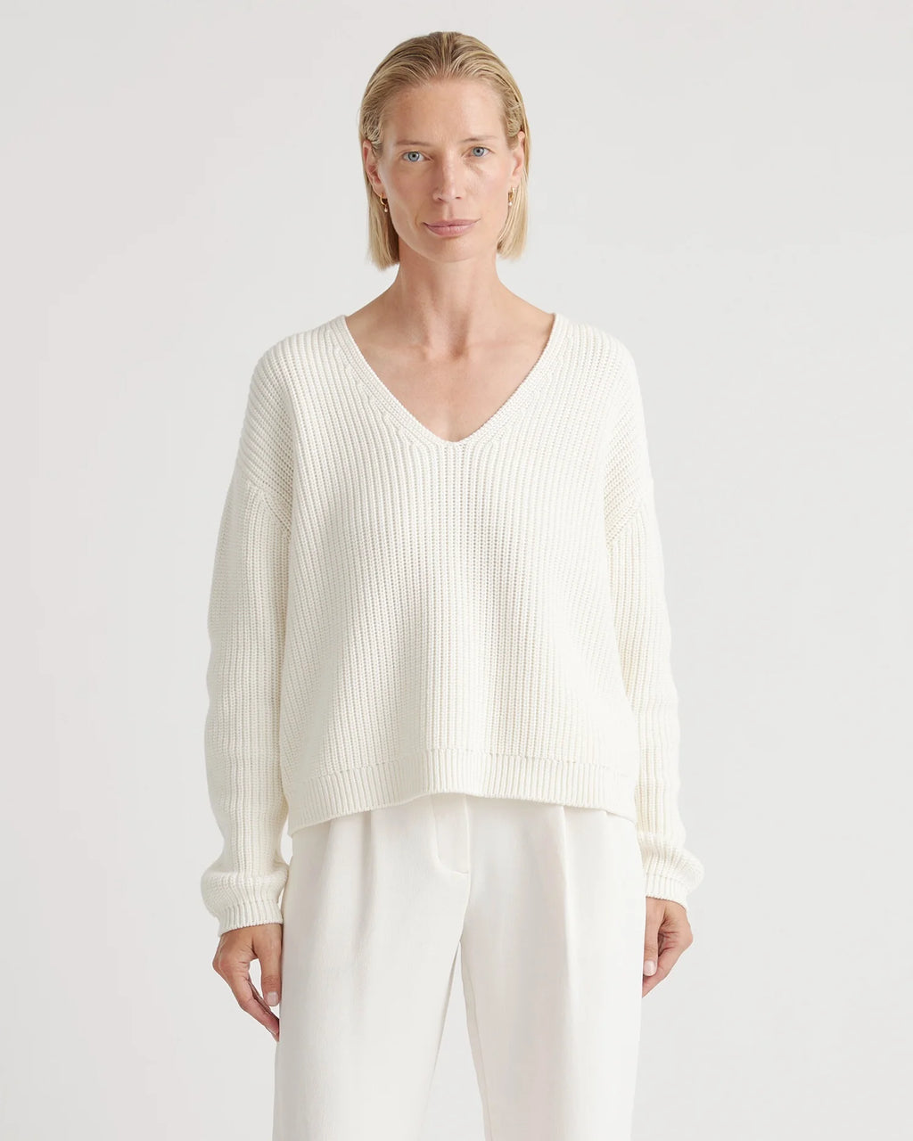 100% Organic Cotton Fisherman V-Neck Sweater - XS / Heather Brown