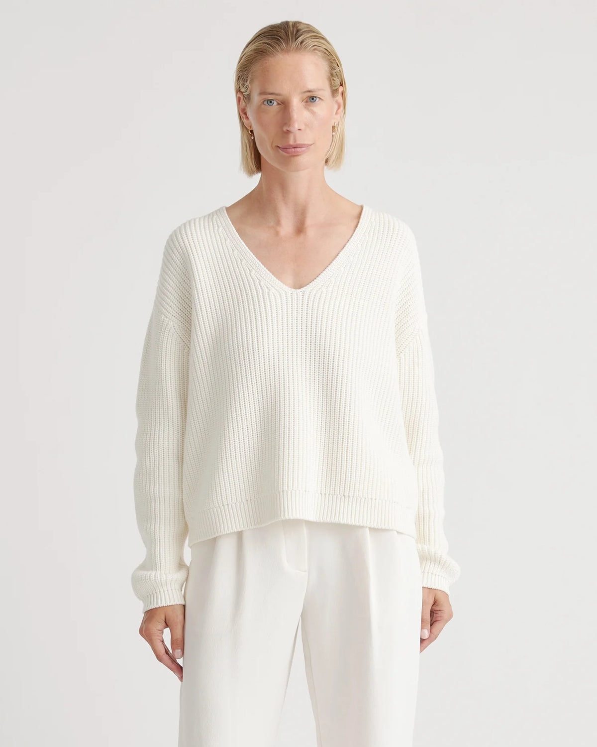100% Organic Cotton Fisherman V-Neck Sweater - XS / Heather Brown