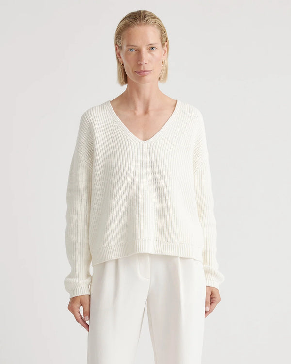 100% Organic Cotton Fisherman V-Neck Sweater - XS / Heather Brown