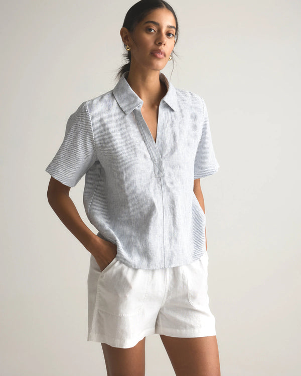 100% European Linen Short Sleeve Popover Top - XS / Blue Pinstripe