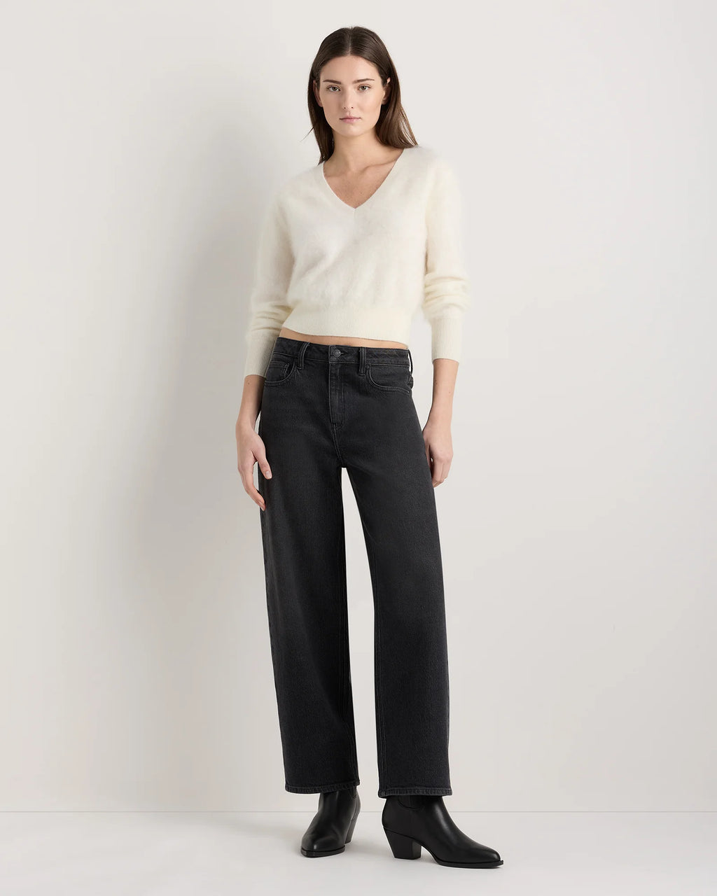 Brushed Cashmere Shrunken V-Neck Sweater - XS / Heather Grey
