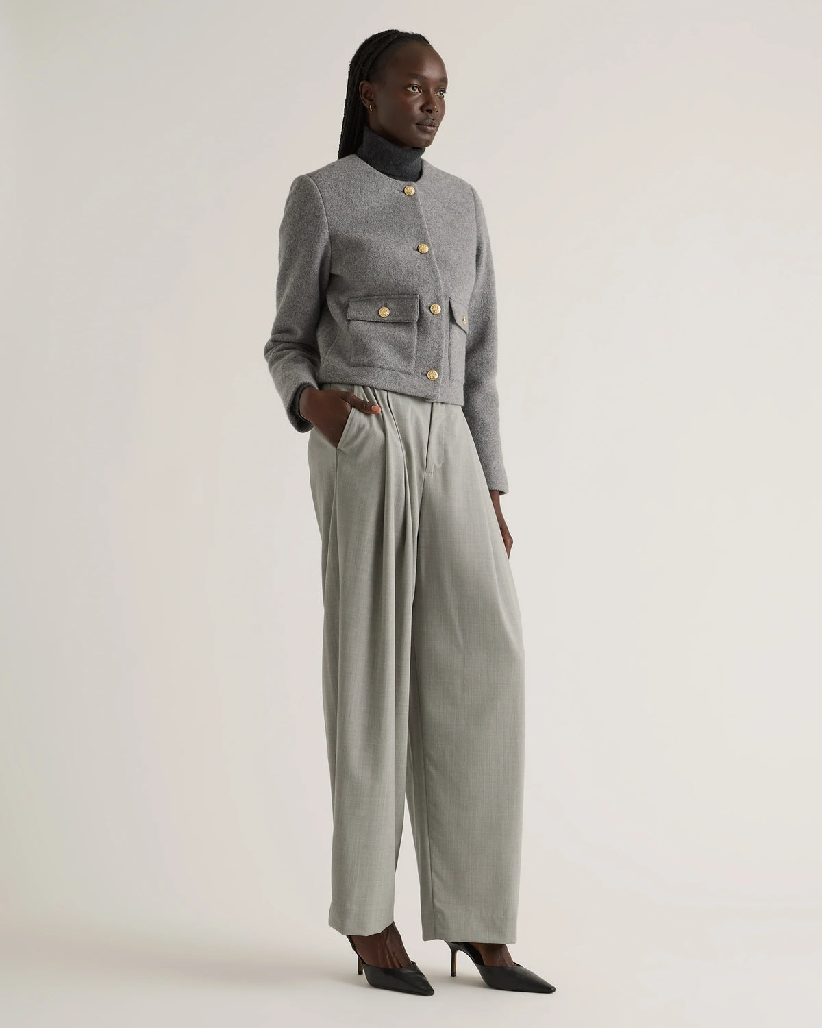 100% Merino Wool Collarless Cropped Jacket - XS / Heather Bone