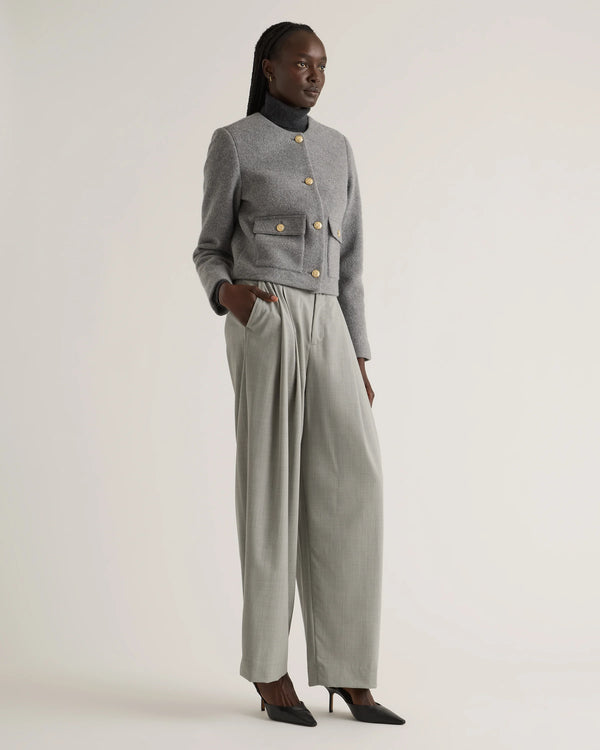 100% Merino Wool Collarless Cropped Jacket - XS / Heather Bone