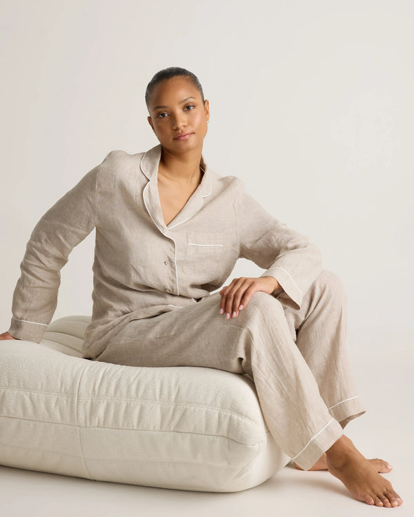 100% European Linen Long Sleeve Pajama Set with Piping - XS / Taupe Brown Gingham