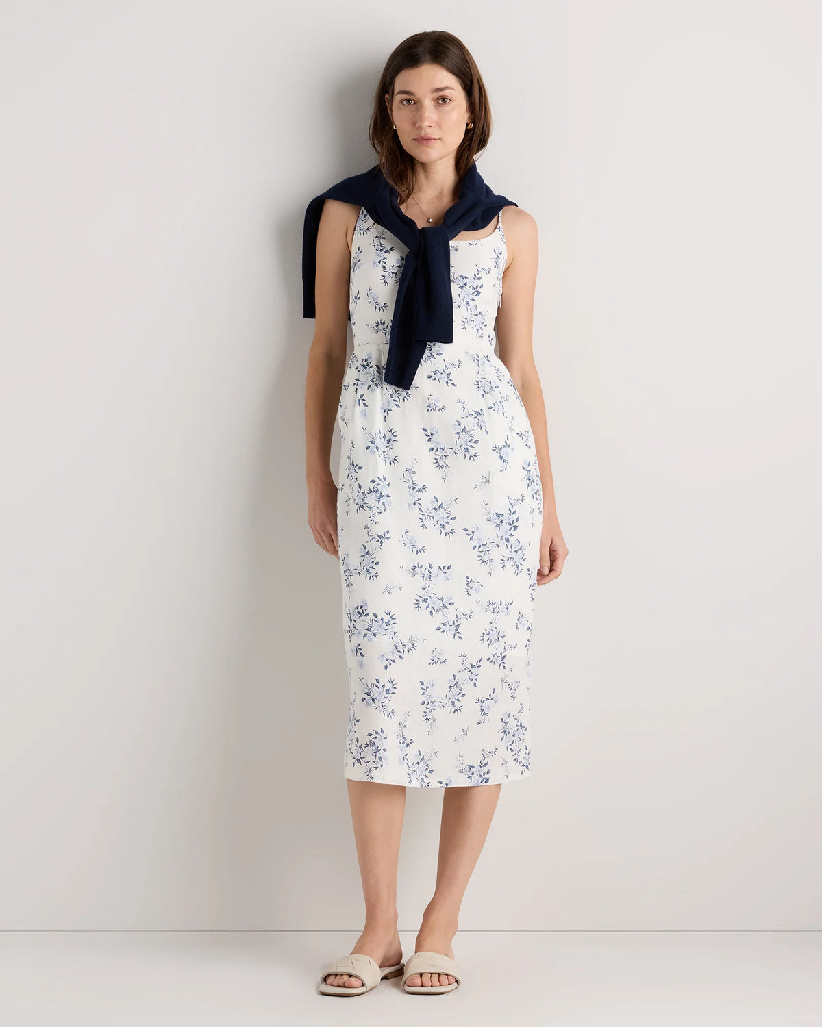 100% European Linen Scoop Neck Midi Dress - XS / Ivory Porcelain Blue Petite Floral Main image