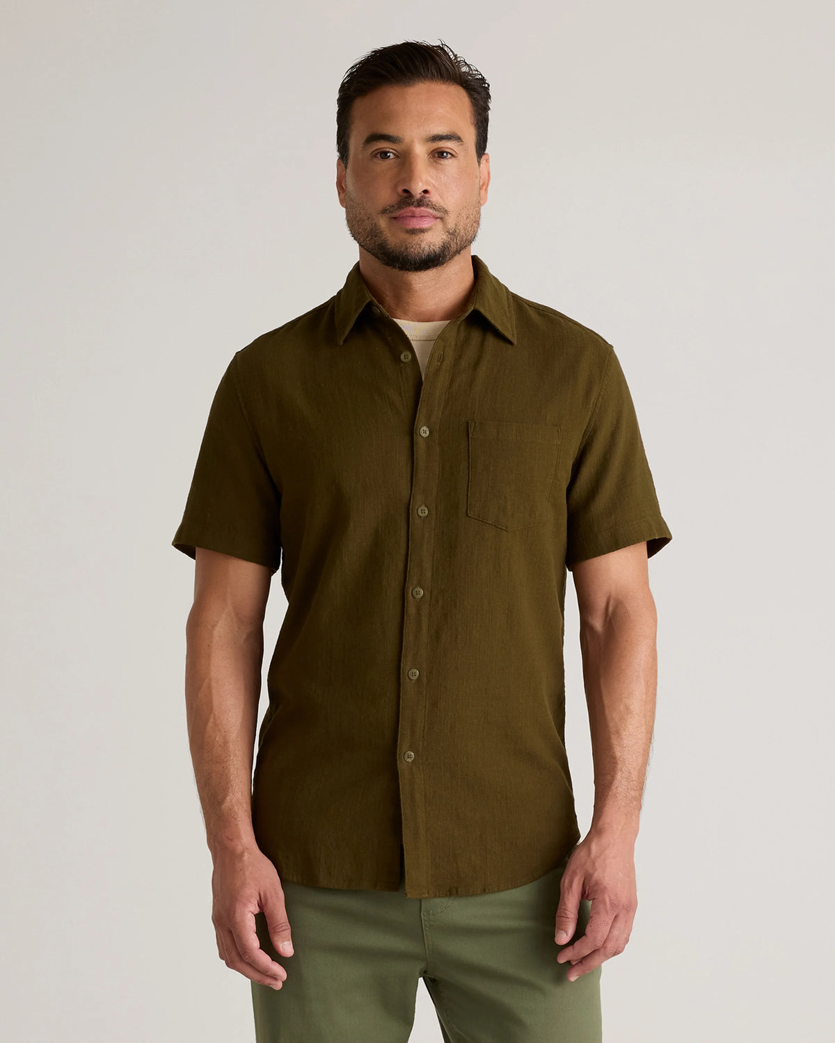 Organic Cotton Stretch Selvage Short Sleeve Shirt - S / Olive Main image