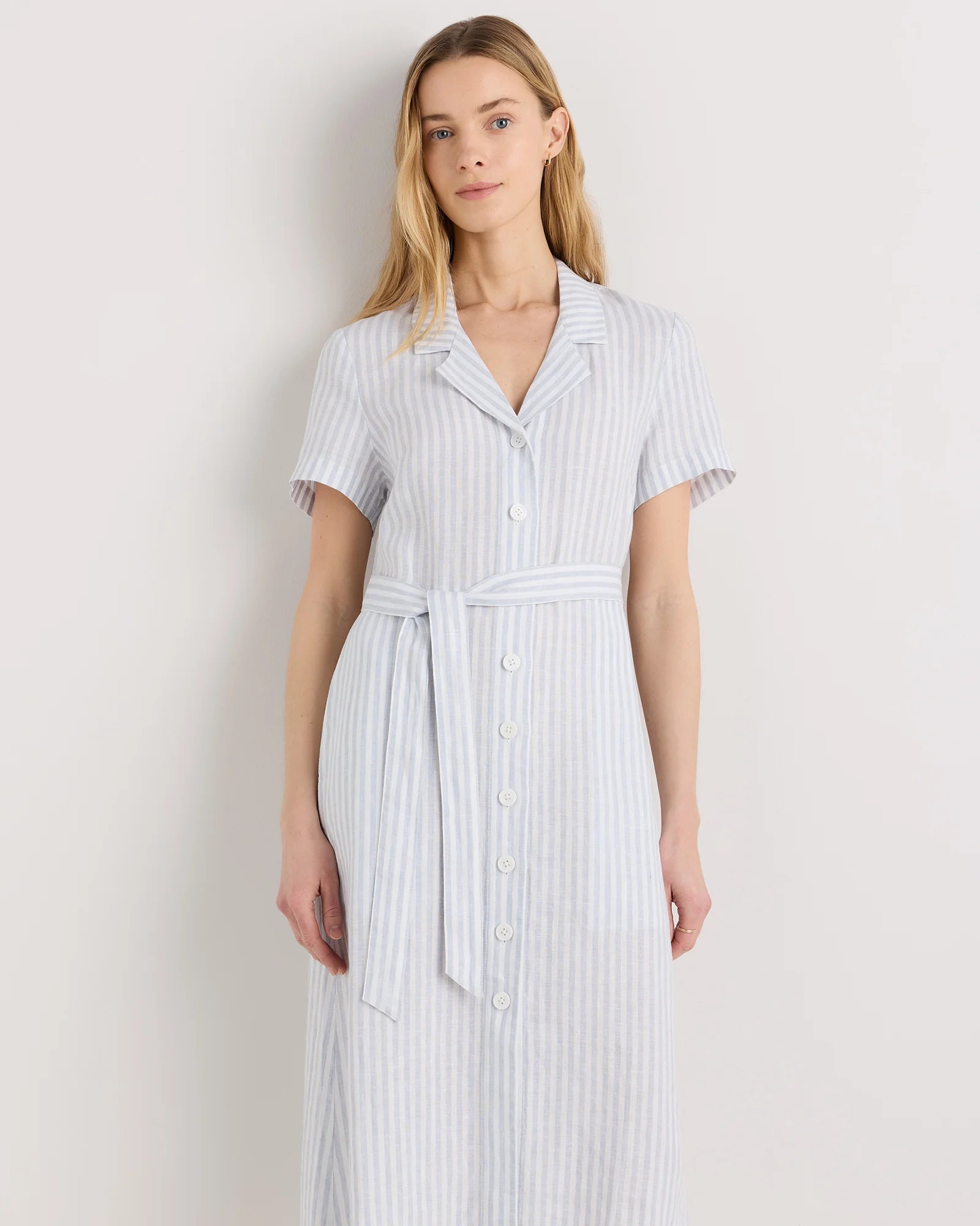 100% European Linen Button Front Dress - XS / Sky Blue Mariner Stripe Secondary image