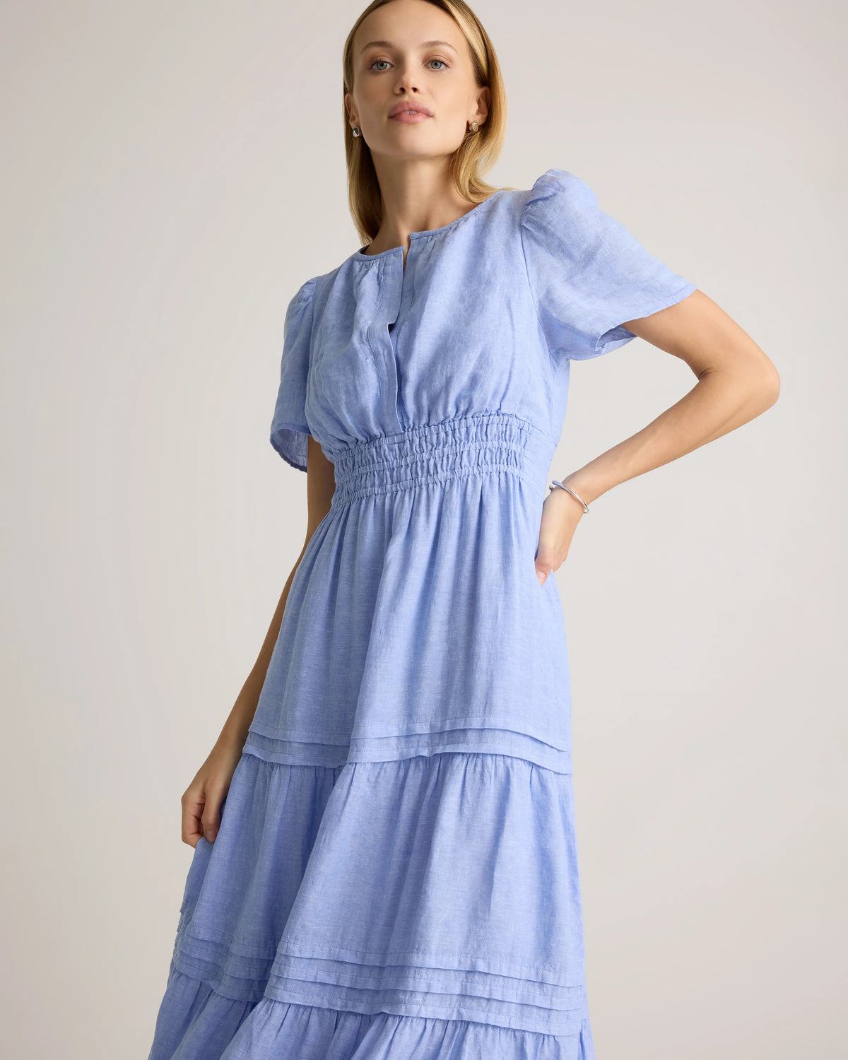100% European Linen Tiered Maxi Dress - XS / Deep Navy