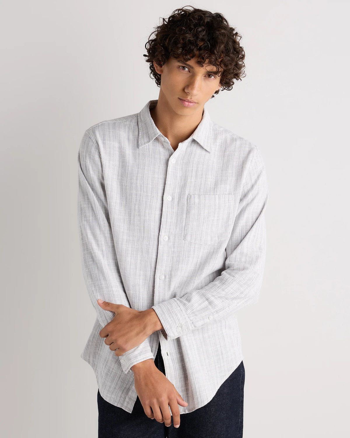 Organic Cotton Stretch Selvage Shirt - S / Mini Blue Stripe Main image