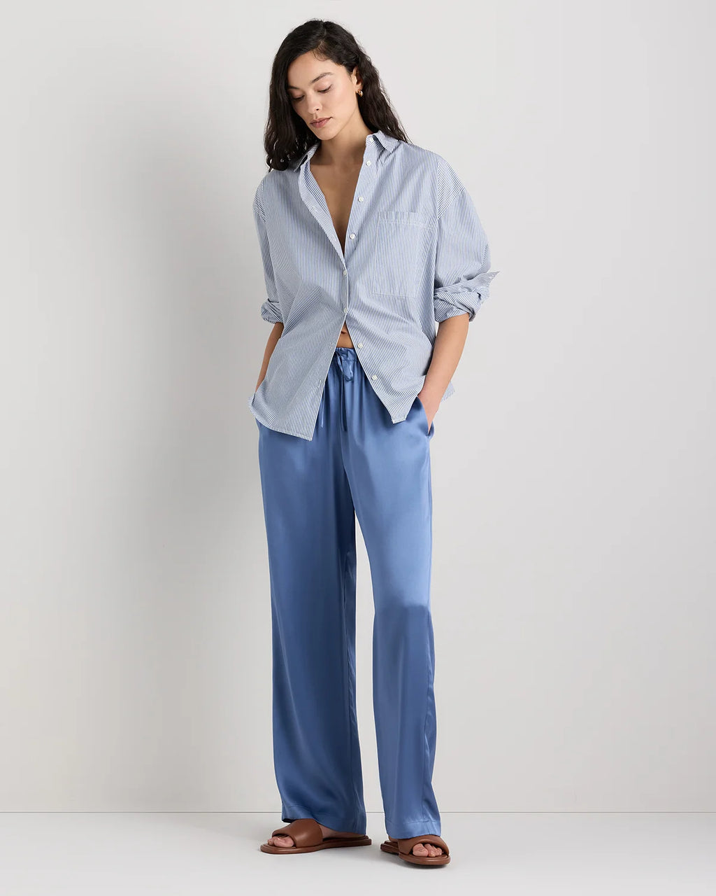 100% Washable Silk Drawstring Wide Leg Pants - XS / Champagne
