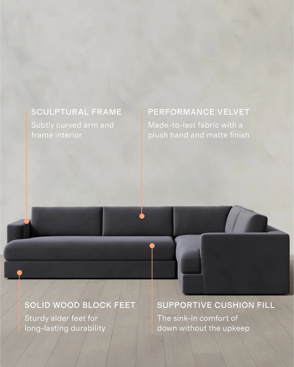 Sierra Curved Arm L Sectional in Performance Velvet - Right Arm / Sable