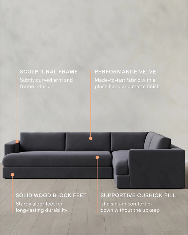 Sierra Curved Arm L Sectional in Performance Velvet - Right Arm / Sable
