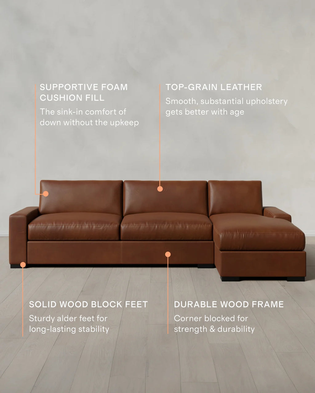 Stillman Chaise Sectional in Leather - 116" Right Arm / Auburn