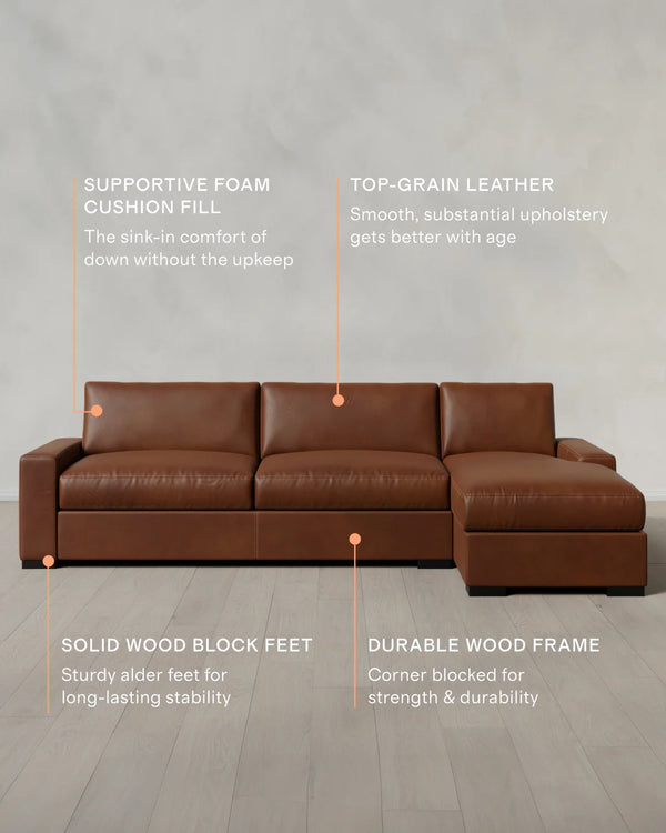 Stillman Chaise Sectional in Leather - 116" Right Arm / Auburn