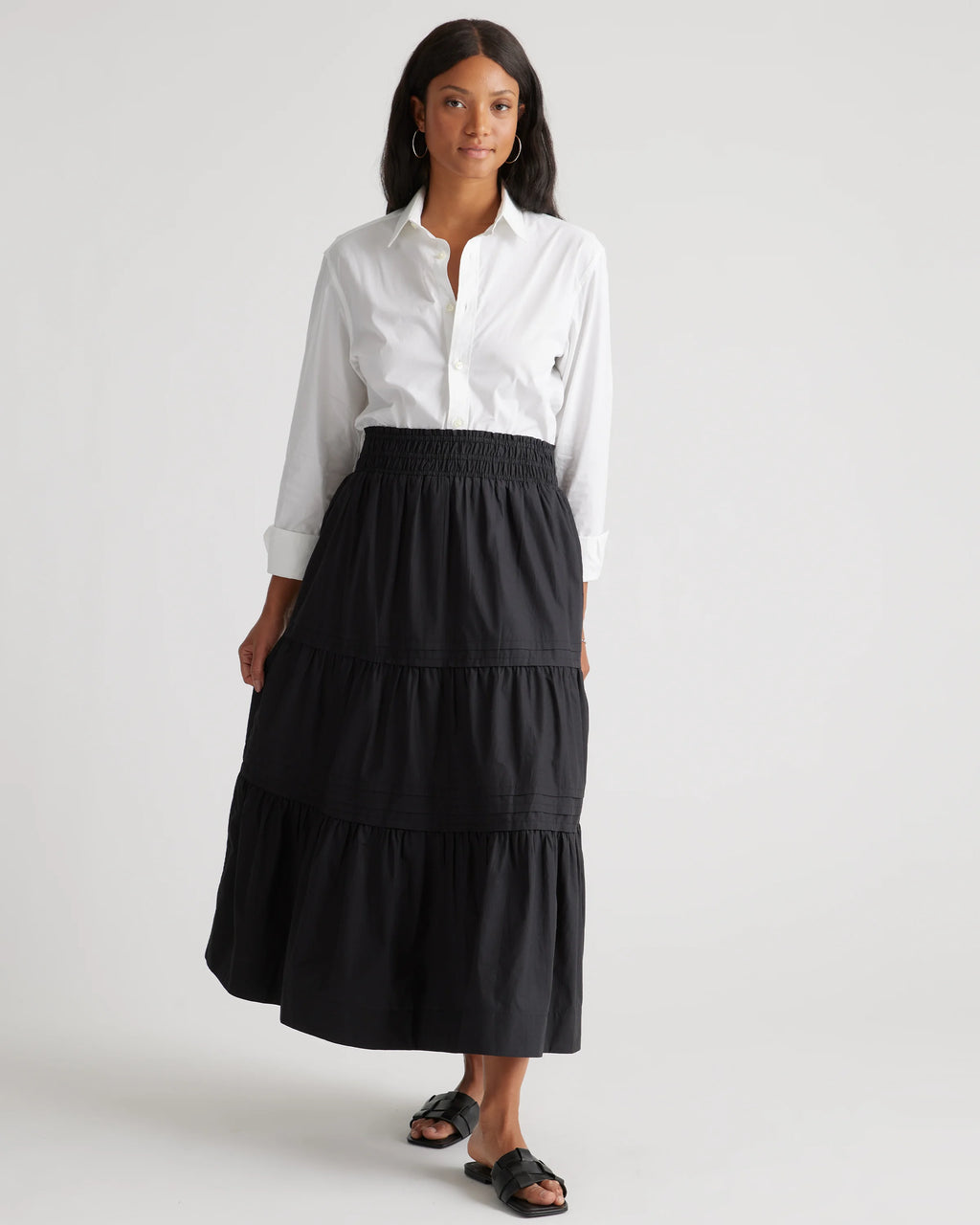 100% Organic Cotton Poplin Tiered Maxi Skirt - XS / Black