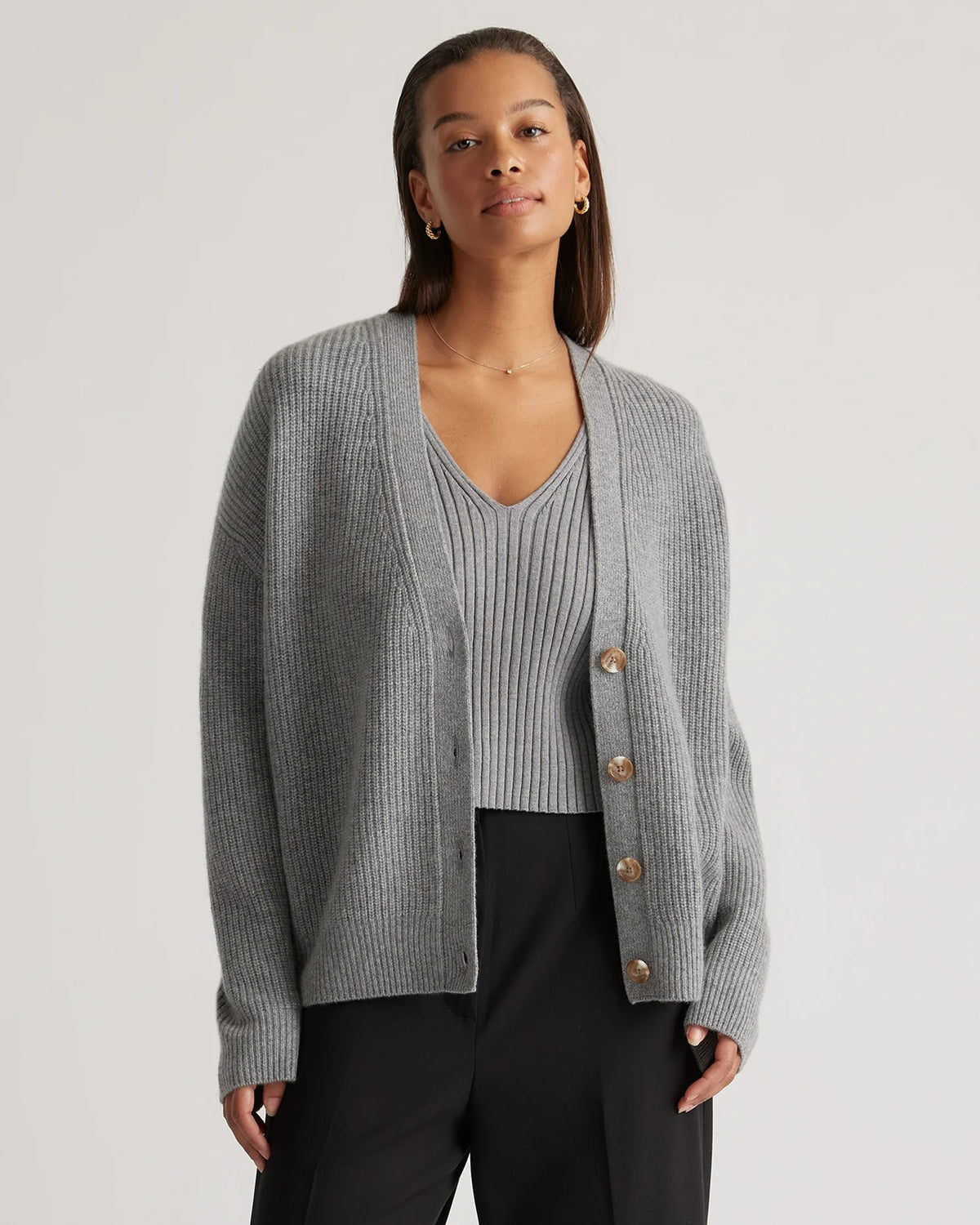 Mongolian Spring Cashmere Fisherman Boxy Cropped Cardigan Sweater - XS / Heather Grey Main image