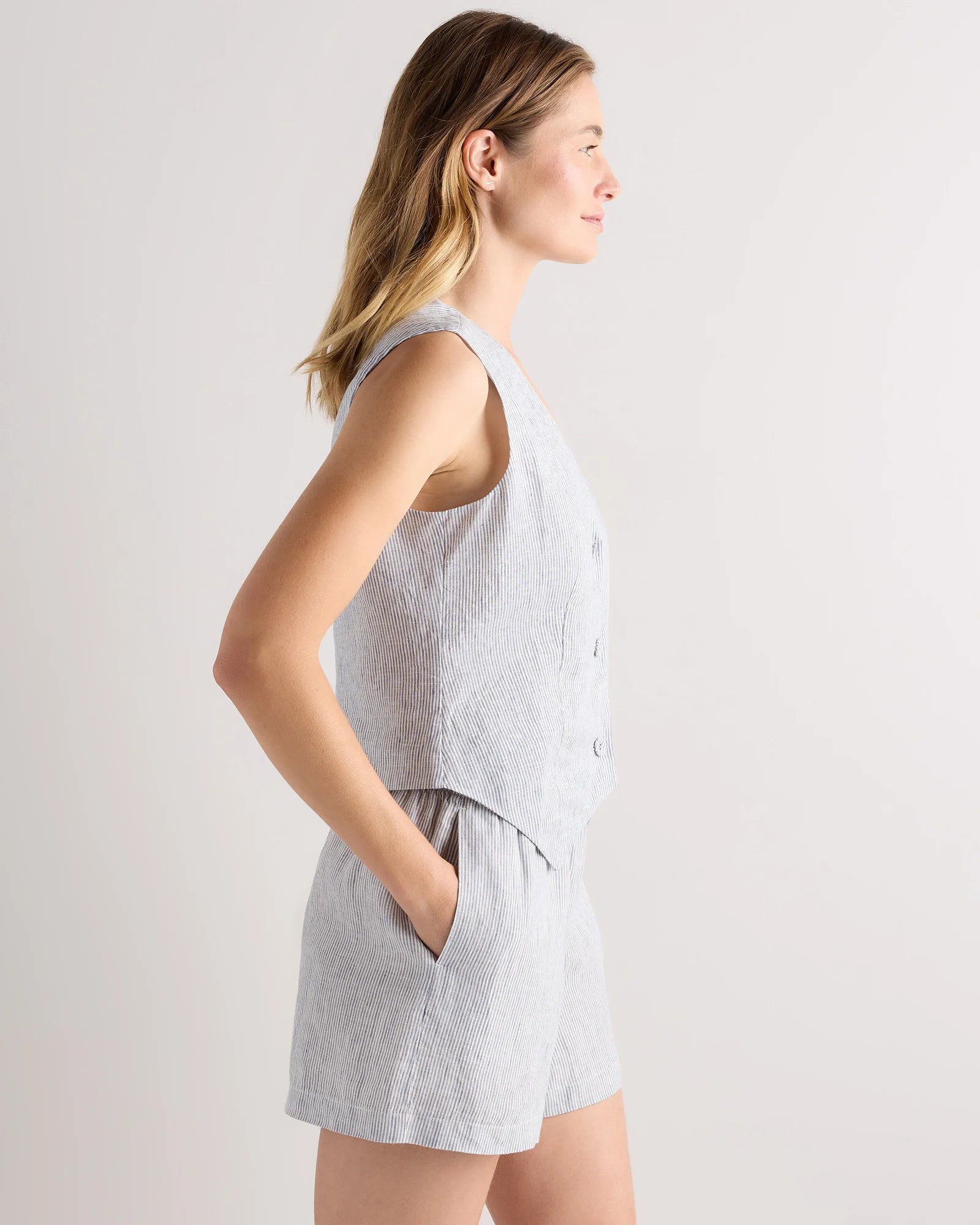 100% European Linen Vest - XS / Blue Pinstripe Secondary image