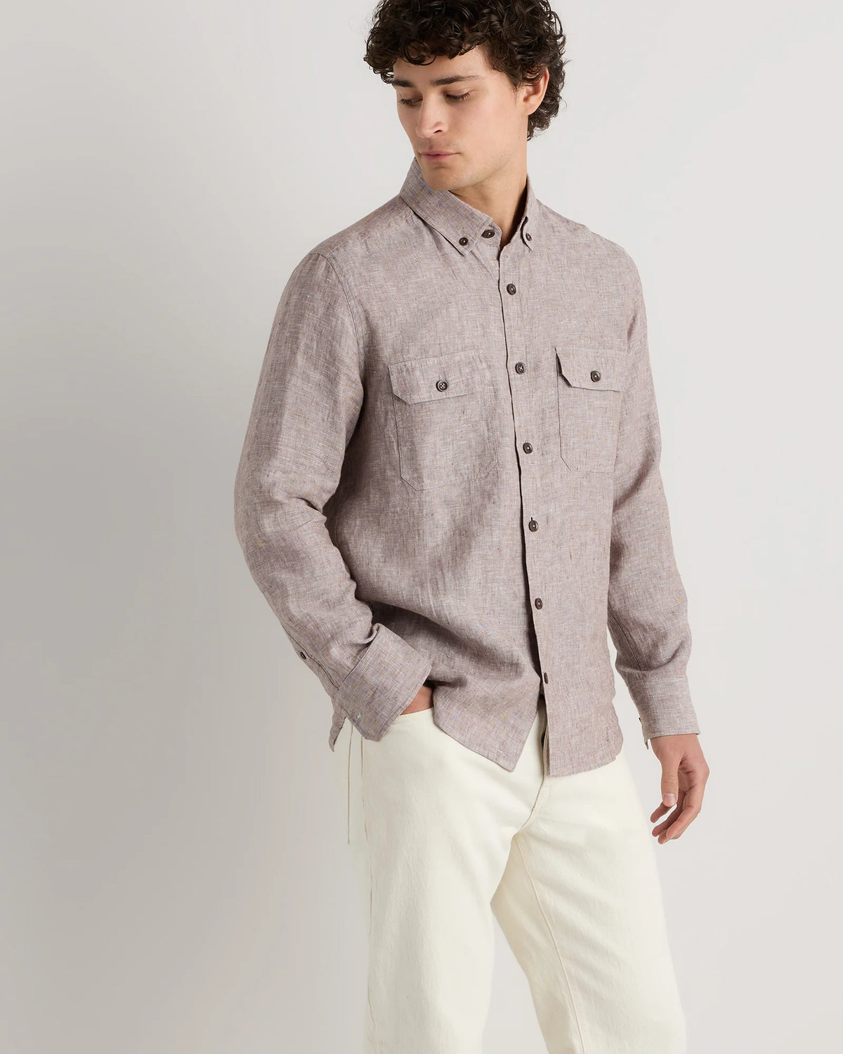 100% European Linen Utility Shirt - S / Taupe Brown Chambray Main image