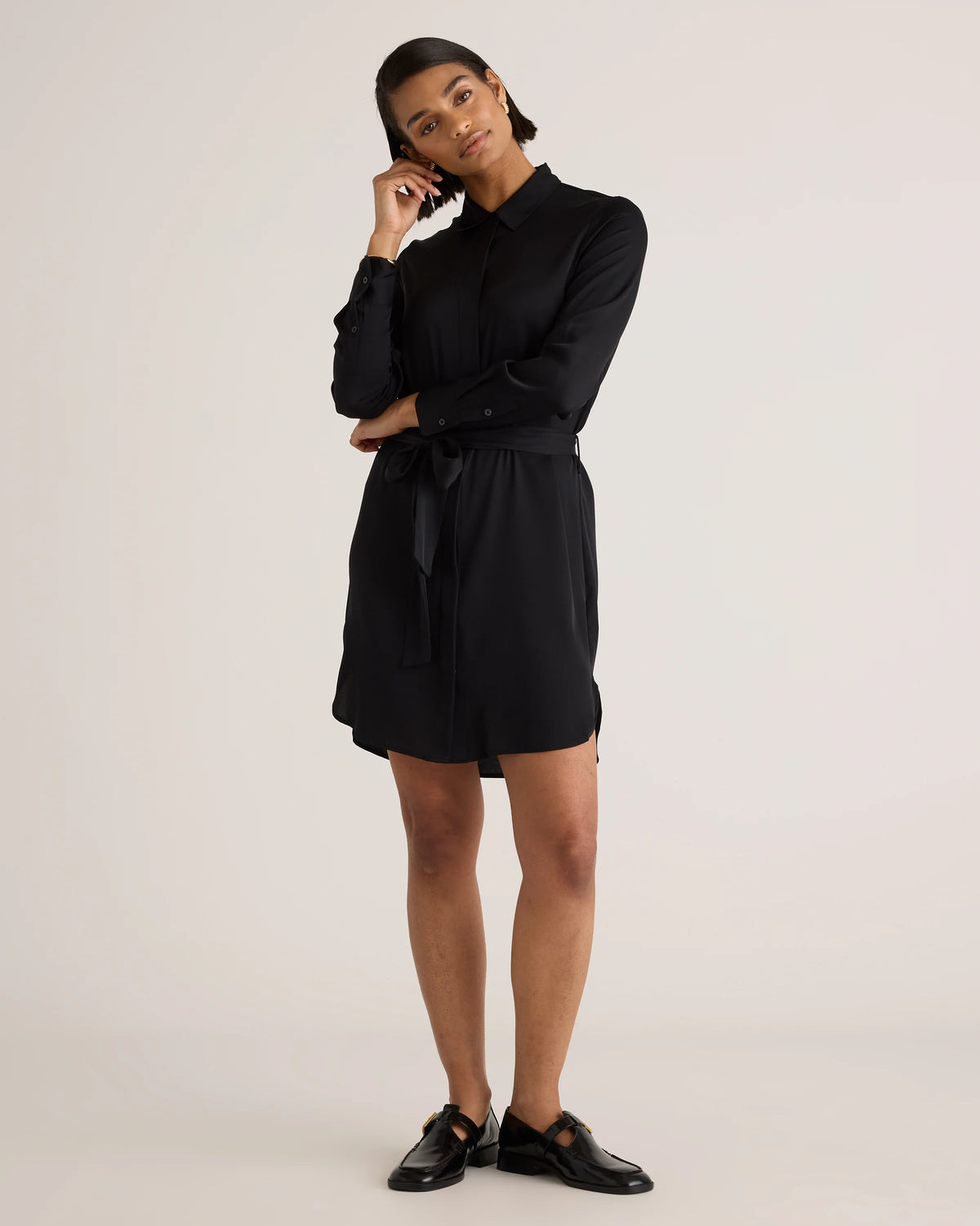 Washable Stretch Silk Shirt Dress - XS / Black Main image