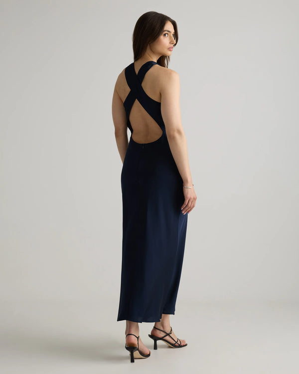 Washable Stretch Silk High Neck Midi Dress - XS / Vintage Navy Roses