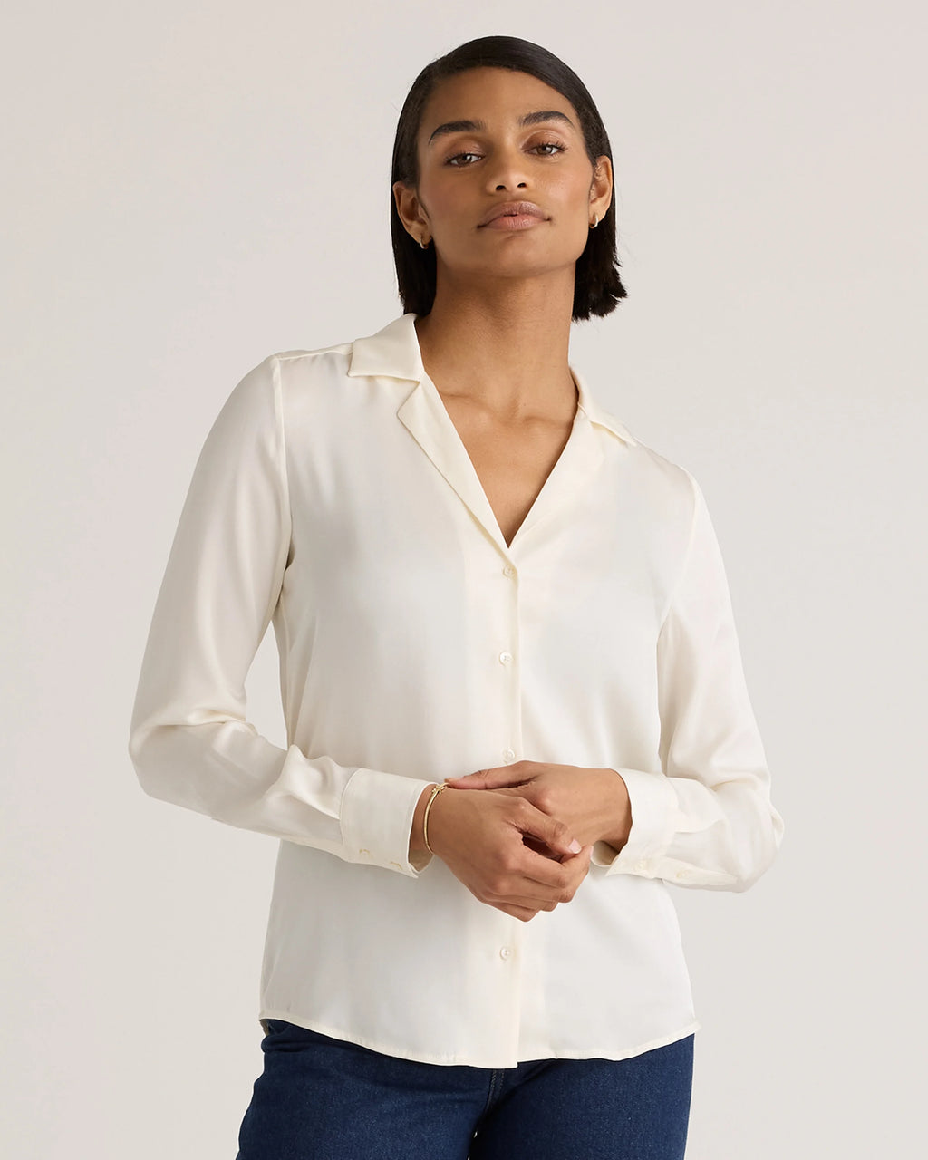 Washable Stretch Silk Notch Collar Blouse - XS / Moonstone Blue